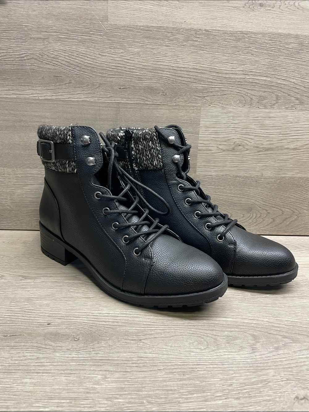 Style & Co. Black Lace-Up Ankle Boots with Knit Collar Accent #1547